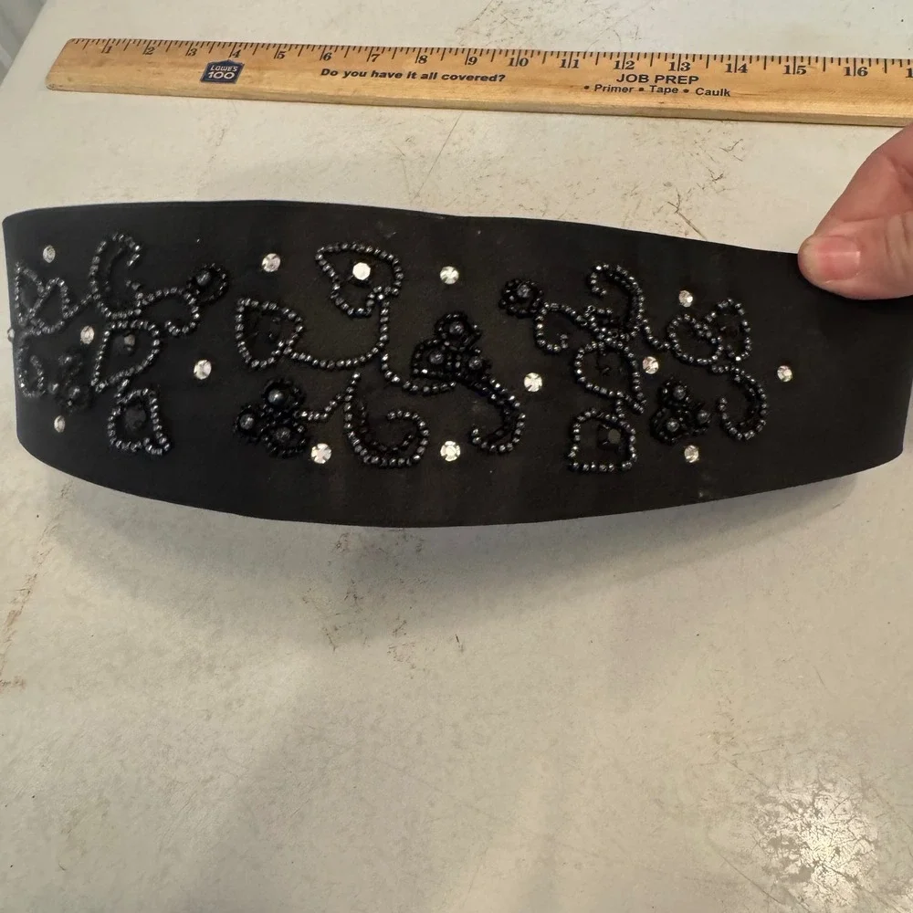 Albe Creation Waist Belt Womens S Black Beaded Rhinestone Vintage Satin Cinch